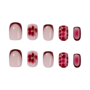 Uñas Postizas Cortas Cuadradas con Punta Francesa Roja, Diseño de Flor y Cocodrilo, Reutilizables, para Mujer - Product Image 2