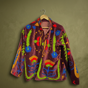 <b>Mandarin</b> <b>Collar</b> Velvet <b>Jacket</b> Full Sleeve Floral Hand Embroidery Autumn Women's Coat Prairie Chic Style Wholesale Suzani <b>Jackets</b> - Product Image 3
