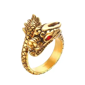 Neueste Schmuck Designs Herren Gold Edelstahl Drachen ringe mit rotem Strass Augenring verstellbar