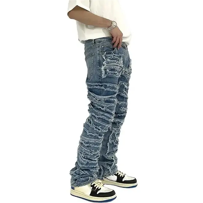 Mannen Aanpassen Logo Denim Jeans Mannen Slim Fit Vintage Jeans Ripped Lange Broek Jeans Nood Denim Broek Vibee