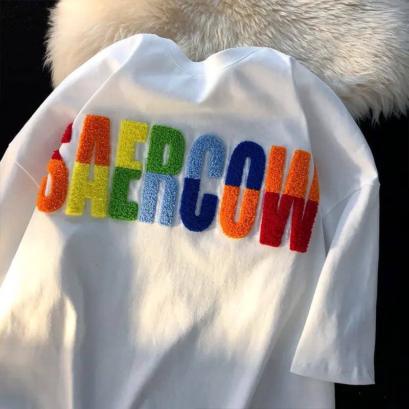 T-shirt col rond classique 100% coton pour homme, vêtement de rue uni avec Logo brodé Chenille, vente en gros