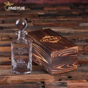 Wholesale Customized Logo Personalized Glass Whiskey Decanter Bottle with Wood Gift Box for Alcohol Liquor Brandy Vodka Whisky