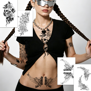 Tatouages temporaires personnalisés en gros, imperméables, résistants à la transpiration, motif crâne noir et fleurs, autocollants de <span class=keywords><strong>tatouage</strong></span> corporel unisexe - Product Image 1