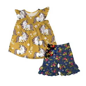 Factory price Wholesale baby clothes imported children's Mustard clothing unicorn kids fall Winter boutique outfits