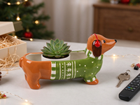 Vente en gros d'usine, pot à fleurs en céramique personnalisé peint à la main, chien teckel de Noël. Conteneur multifonctionnel pour chien Wiener