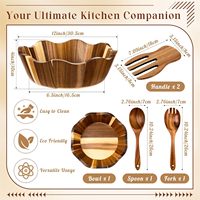 Ensemble de bols à salade en bois de 12 pouces, forme irrégulière ondulée, bois d'acacia, 2 fourchettes et cuillères pour salade de fruits et céréales, usage domestique
