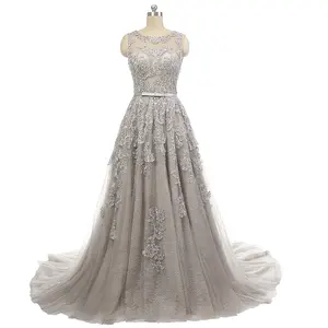 Ruolai PEV-L3054 Elegant Fashion Scoop Neckline Sleeveless Sweetheart Beaded Lace Aline Long Evening Dresses Women