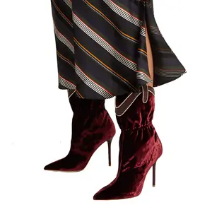 Xinzirain Custom Design Winter Women's Boots Mid-Calf Anti-Slippery Lightweight Point Toe Strappy Heel Velvet Red Suede Sock