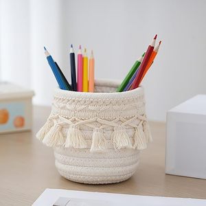 Cesta Tejida a Mano Estilo Bohemio, Contenedor Pequeño de Almacenamiento de Cuerda de Algodón con Flecos de Macramé <span class=keywords><strong>para</strong></span> Herramientas Cosméticas, Organizador de Escritorio y Papelería - Product Image 1
