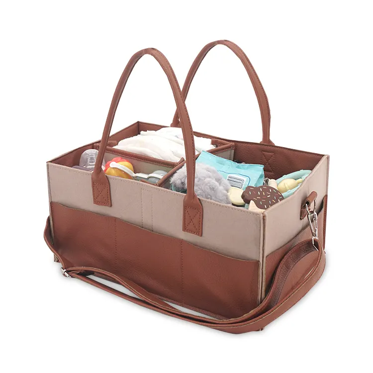 Oem Odm Good Quality Portable Felt Leather Handle Large Capacity Baby Diaper Caddy Nursery Storage Bag Organizer