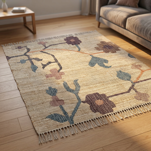 Alfombra de Yute Natural, Hecha a Mano, con Diseño Floral Abstracto, Moderna, con Flecos, Rectangular, para Hogar, Hotel, Pasillo - Product Image 1