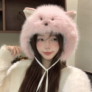 Chapeau en peluche Blush Cat pour femmes, chapeau de pêcheur chaud d'hiver doublé de polaire épaisse pour le cyclisme en plein air - Product Image 2