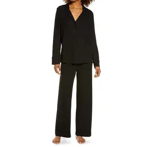 Wholesale Luxury Nightwear Ribbed Soft Cozy Ladies Custom Sleepwear Black Long Sleeve Plus Size Modal Pajamas For Women