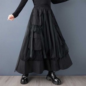 2026 New Wholesale Women Spring Dark Style Mesh Spliced Pocket Tulle Pleated Gathered a Line Midi <strong>Skirt</strong> D Ring Strap Loose - Product Image 3