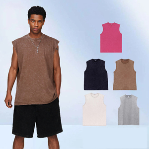 T-shirts sans manches pour hommes en coton 100% avec logo imprimé numérique personnalisé de haute qualité, effet délavé, style streetwear américain pour l'été - Product Image 1