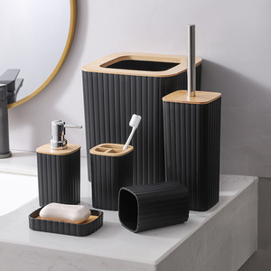 Ensemble <span class=keywords><strong>de</strong></span> 6 accessoires <span class=keywords><strong>de</strong></span> <span class=keywords><strong>salle</strong></span> <span class=keywords><strong>de</strong></span> <span class=keywords><strong>bain</strong></span> en polyrésine et <span class=keywords><strong>bambou</strong></span> Noir Toilette avec poubelle pour usage domestique - Product Image 4