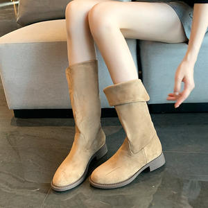 958-5 여성용 2-in-1 레트로 청키 힐 미드 카프 부츠 플러스 사이즈 41-45 스웨이드 슬립온 컴포트 슈즈 와이드 카프 부티 - Product Image 2