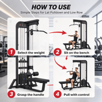 Machine de musculation à assise pour tirage vertical et lat pulldown avec pile de poids de 80 kg pour l'entraînement des dorsaux et des bras