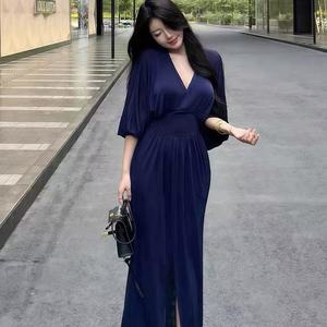 V Neck Puff Sleeve Slit Dress Black Solid Color Long Cocktail Dress Women Elegant Bodycon Fit High Waist Design - Product Image 2
