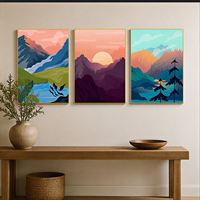 Impression d'art mural paysage montagneux abstrait, trois panneaux, orange et bleu, pour salon, bureau, hôtel, intérieurs modernes