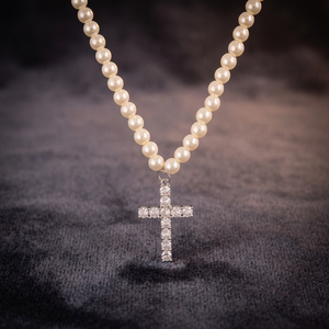 Elegante Collar de Perlas Blancas con Colgante de Cruz de Moissanita para Hombre y Mujer, Chapado en Rodio, Plata 925, Joyería Hip Hop - Product Image 2