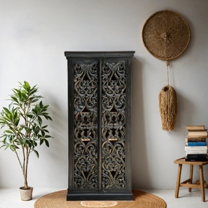 Hand-Carved Solid Wood <b>Wardrobe</b> Almirah with Ornate Floral Design | Antique Black Tall Storage Cabinet | Luxury Bedroom <b>Wardrobe</b> - Product Image 1