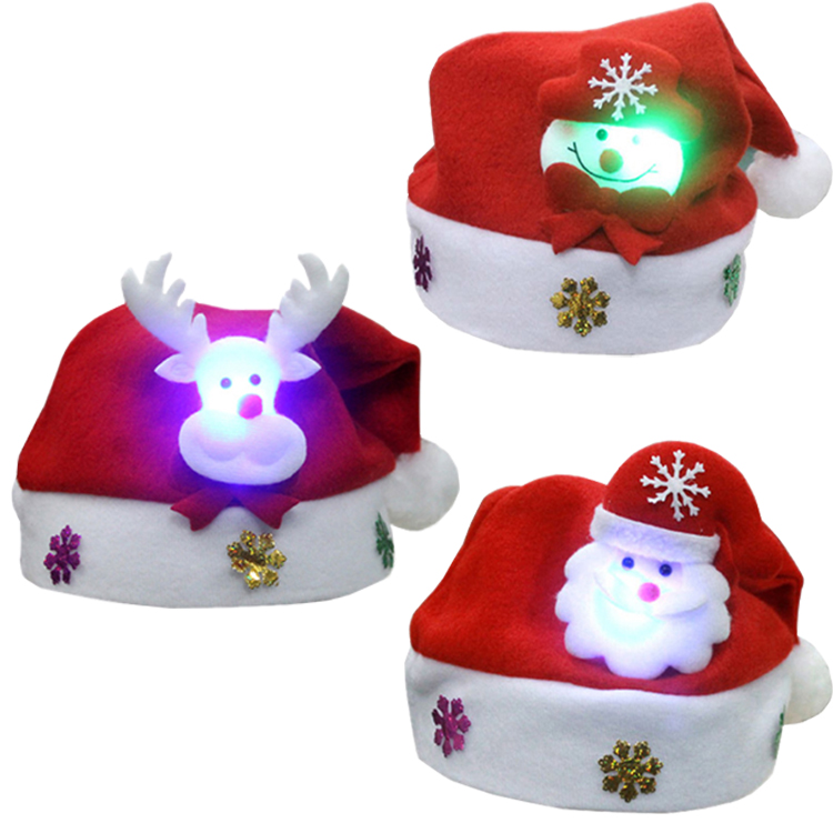 Kanlong Custom DIY New Funny Non Woven Knit Adult Kids Child Xmas Decoration Reindeer Santa Snowman Top Led Light Christmas Hat