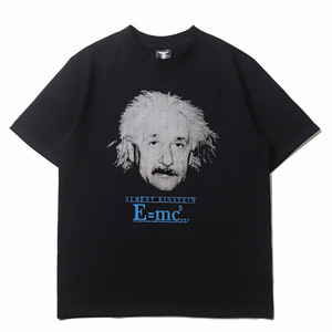 T-shirt décontracté pour homme à manches courtes en coton 100% noir, coupe classique, imprimé par sublimation 3D avec portrait d'Einstein, respirant et à séchage rapide - Product Image 1