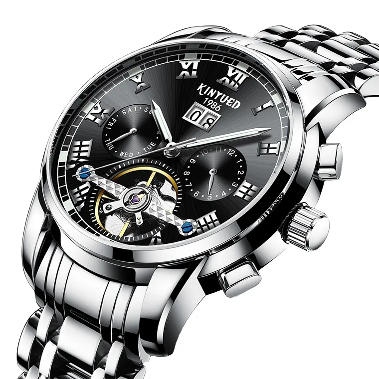 KINYUED fabrika marka mekanik saat üreticisi özelleştirilmiş özel LOGO moda erkek paslanmaz çelik mekanik saat