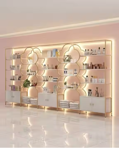 Muestra gratis salón de belleza tienda <span class=keywords><strong>barber</strong></span>ía gabinete de almacenamiento de hierro estante de exhibición de suelo de madera con LED - Product Image 1