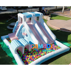 Château gonflable et toboggan à trois voies de couleur pastel, nouveau design, avec fosse à balles pour les fêtes d'enfants, location, utilisation en aire de jeux dans la cour - Product Image 3