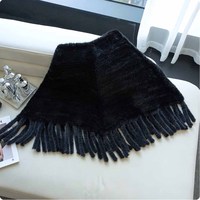 MWFur Fashion Hand gestrickte Nerz Pelz Poncho Frauen Winter Echte Nerz Pelz Schal mit Quasten