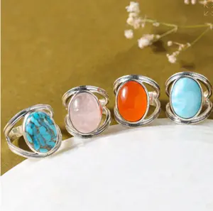 แหวนรูปไข่โอนิกซ์สีดำทำจากทองเหลืองชุบเงินสายแบบเปิดขนาดใหญ่เครื่องประดับแฟชั่นแบบปรับได้ทันสมัยขายส่งผู้หญิงเด็กผู้หญิง - Product Image 4