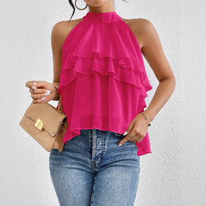 Chemisier Halter sans Manches à Volants Irréguliers, Couleur Unie, Style Coréen Vintage, Tendance et Polyvalent, Haute Qualité - Product Image 1