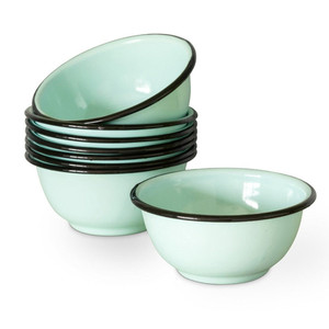 Tazón Redondo de Metal Esmaltado Color Crema Beige de 14cm, 18cm y 20cm para Servir Ensaladas, con Borde <span class=keywords><strong>Verde</strong></span> <span class=keywords><strong>Oliva</strong></span>, Logotipo Personalizado, Vajilla de Cocina - Product Image 4