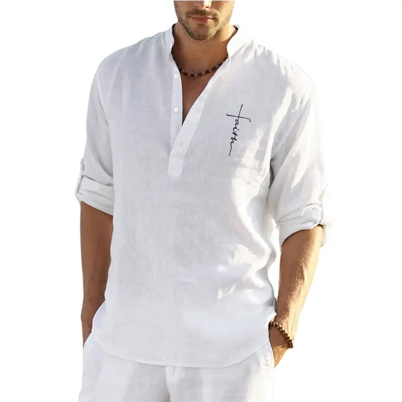 2023 nuevo diseño casual sólido manga larga cuello alto camisa de lino para hombres