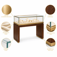 Table de présentation de bijoux éco-responsable avec éclairage LED, base en bois et plateau en verre, couleurs personnalisables pour les boutiques de luxe