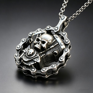 Yunnique – collier avec pendentif tête de mort en acier titane pour hommes, design de moteur de moto, style rétro Punk, bijoux cadeau - Product Image 3