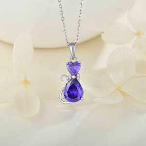 Kalung Liontin Kucing Perak Sterling 925 untuk Anak Perempuan - Perhiasan Anak Berlapis Emas dengan Zirkon Biru Ungu Hadiah - Product Image 3