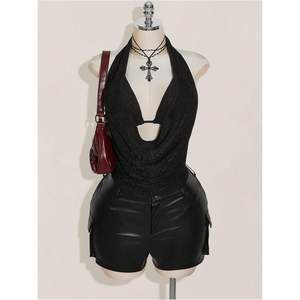 Haut court moulant personnalisé pour femme, à paillettes, col licou en V profond, dos nu, sans manches, style Y2K, pour sorties - Product Image 3