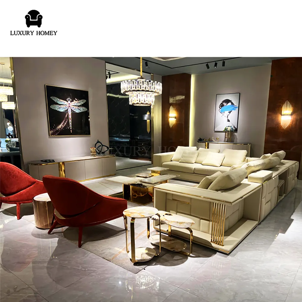 Divano a forma di L italiano di lusso soggiorno modulare mobili per Villa set di divani componibili in legno massello componibili in vera pelle