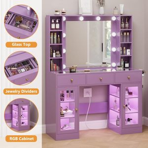 WenFeng OEM/ODM Coiffeuse moderne avec plateau en verre violet, miroir éclairé RGB <span class=keywords><strong>à</strong></span> 3 modes de changement de couleur, tiroirs, pour salle de bain, intelligente - Product Image 4