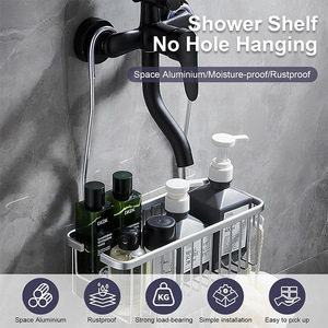 Bathroom Shower <b>Storage</b> <b>Basket</b> Silver Hook Type Punch Free <b>Wall</b> Mount Rectangle Personal Care Holder - Product Image 2