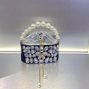 Sac à main de soirée de luxe pour femme, orné de diamants brillants, avec poignée en perles, sac à bandoulière à cordon, sac fourre-tout en velours français tendance - Product Image 3