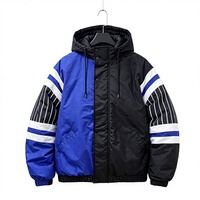 Blouson Bomber Homme Hiver Extérieur Zippé Blocs de Couleurs Rayé Capuche Rembourré Cordon de Serrage Boutons Pression Chaud Coupe-Vent Personnalisé Logo