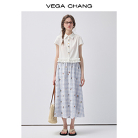 Jupe midi pour femme VEGA CHANG, personnalisée, à carreaux vichy, brodée de fleurs, avec taille haute élastique et silhouette fluide