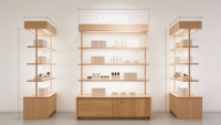 Support d'affichage de cosmétiques en bois personnalisé, éclairage LED écologique, étagères de magasin, présentoir de boutique