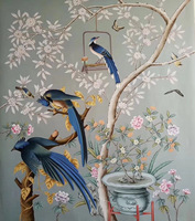 Zhenling Papier peint en soie de conception florale et d'oiseaux peint à la main pour l'amélioration de l'habitat