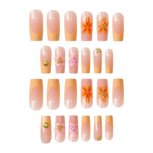 24Pcs Độc Đáo 3D Gợn Charms Ngọt Ngào Mát Mẻ Pháp Orange Gradient Hoa Vuông Móng Tay Giả Nghệ Thuật Cơ Khí Báo Chí Cho Ngón Tay - Product Image 2
