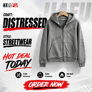500gsm Men's Hoodie Zip up Acid Washed Print Custom Vintage Distressed Fleece Pullover Grunge Rock Streetwear <strong>Top</strong> Wholesale OEM - Product Image 1